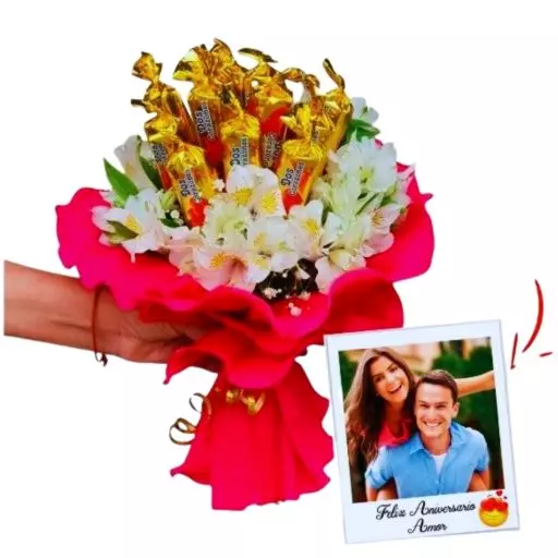 Ramo de flores, con chocolate y foto - Tienda online de tufotoregalo